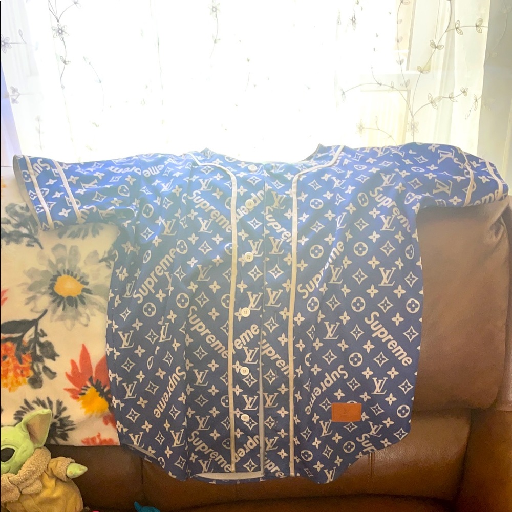 Blue and White Louis Vuitton Baseball Jersey